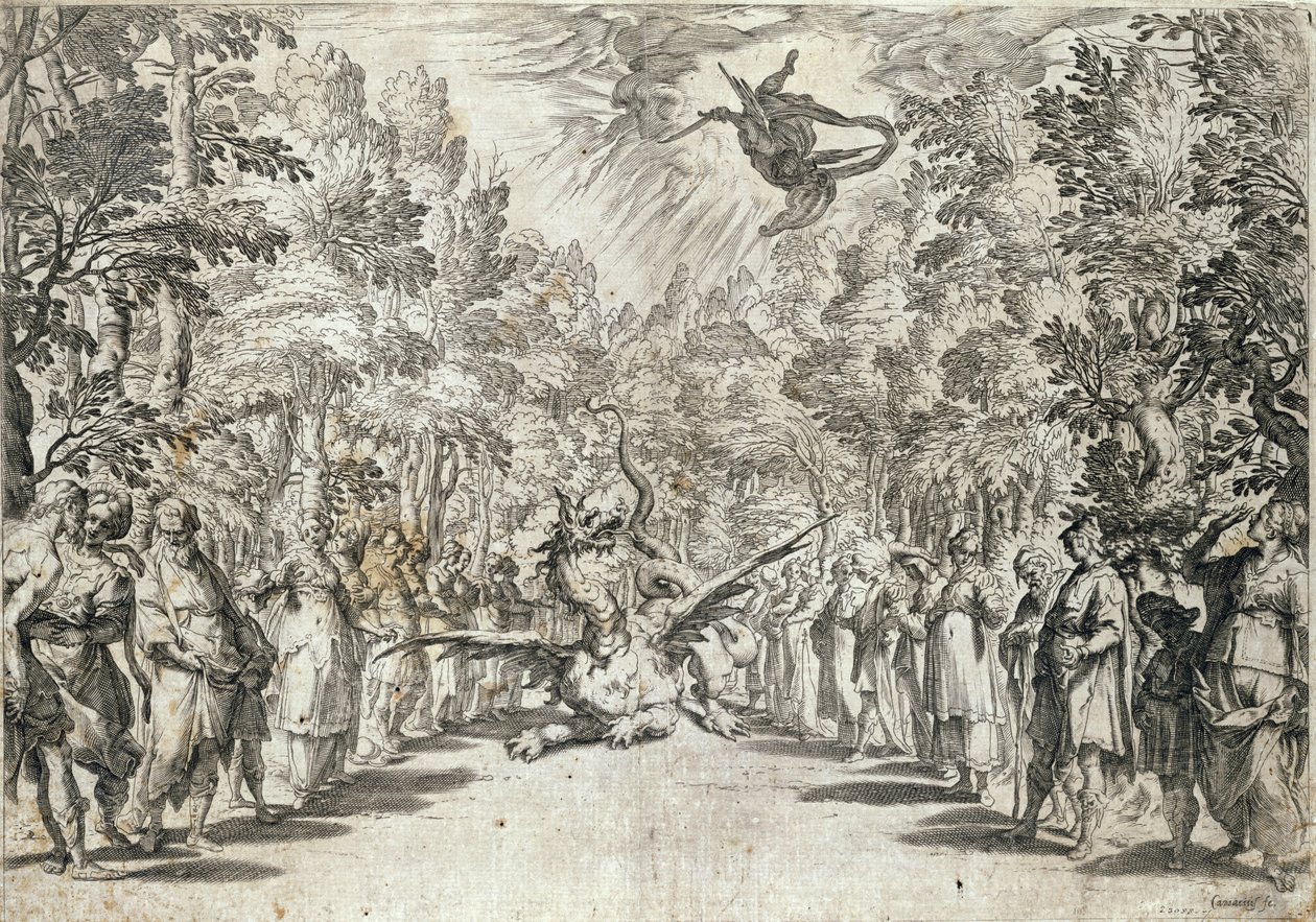 Apollo i ferd med å angripe pytonslangen, fra La Pellegrina av Girolamo Bargagli, gravert av Carracius av Italian School