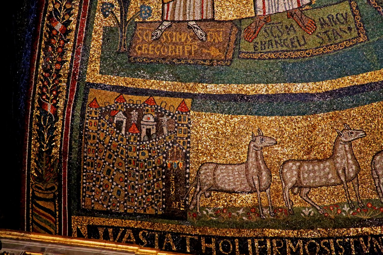 Apsis detalj, Jerusalem og sauer (mosaikk) av Italian School