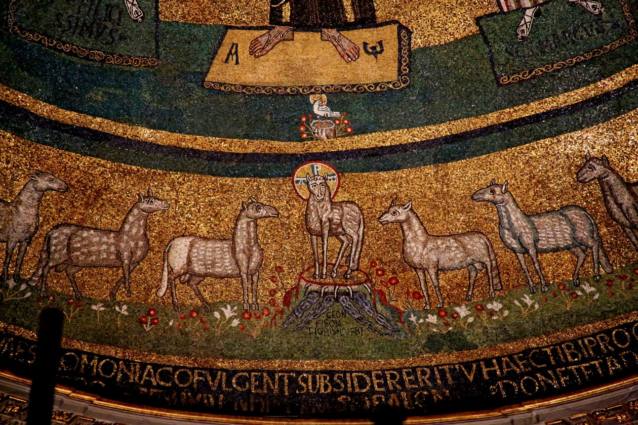 Apsis mosaikk med Kristus som påskelammet og sauene (mosaikk) av Italian School