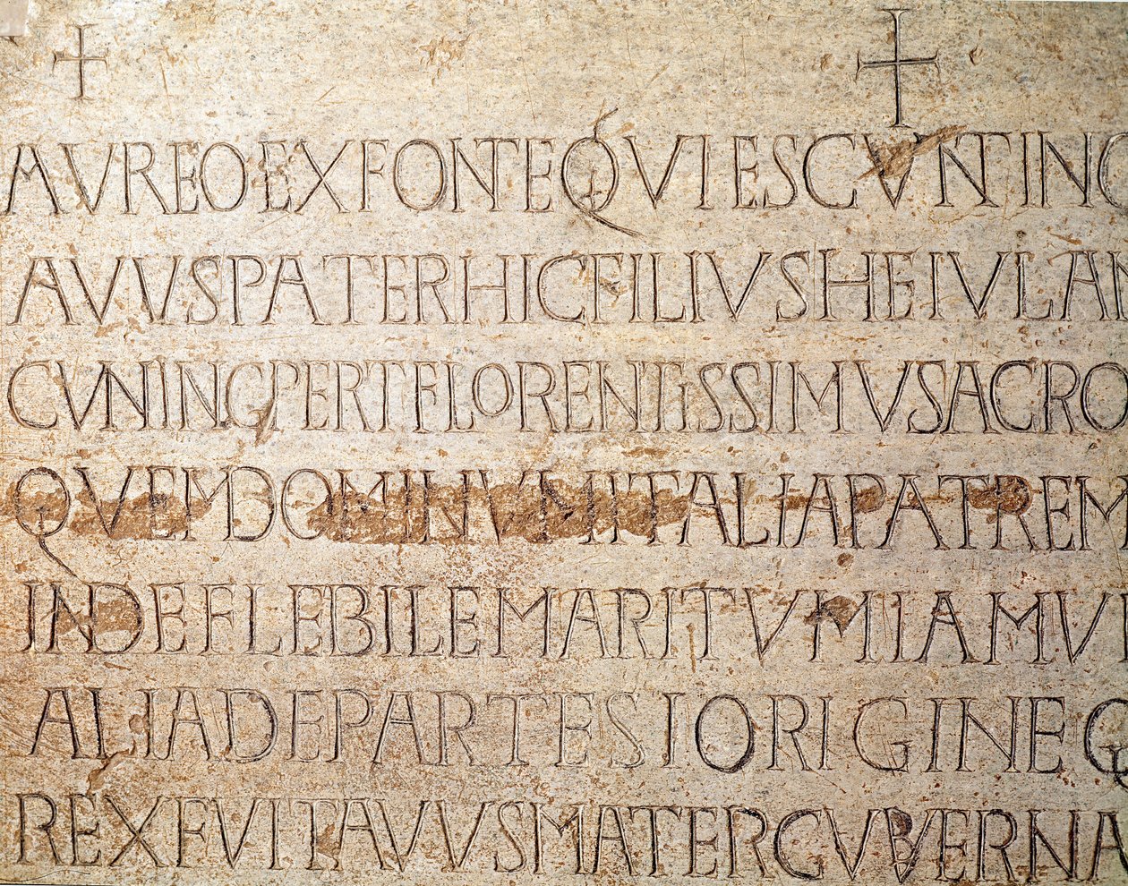 Arkeologi i middelalderen (middelalderen). Barbarisk kunst fra Lombardia: gravstein til den langobardiske kongen Cunipert, kjent som den fromme (Cuniperto, 678-700). Lombard kunst. Pavia, Civic Museum, Archaeological Section (Pavia, Musei Civici, Sezione A av Italian School