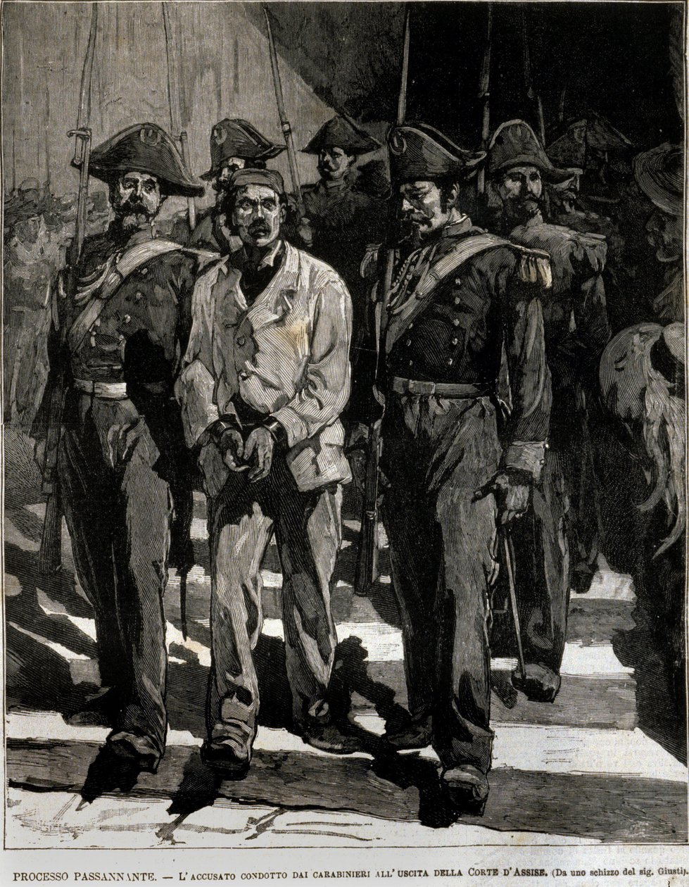 Arrestasjon av Giovanni Passannante (1849-1910) som utførte angrepet på den italienske kongen Umberto I (Humbert I) i Napoli i 1878. Denne hendelsen inspirerte poeten Giovanni Pascoli (1855-1912) i en Ode. Gravering av 1800-tallet av Italian School