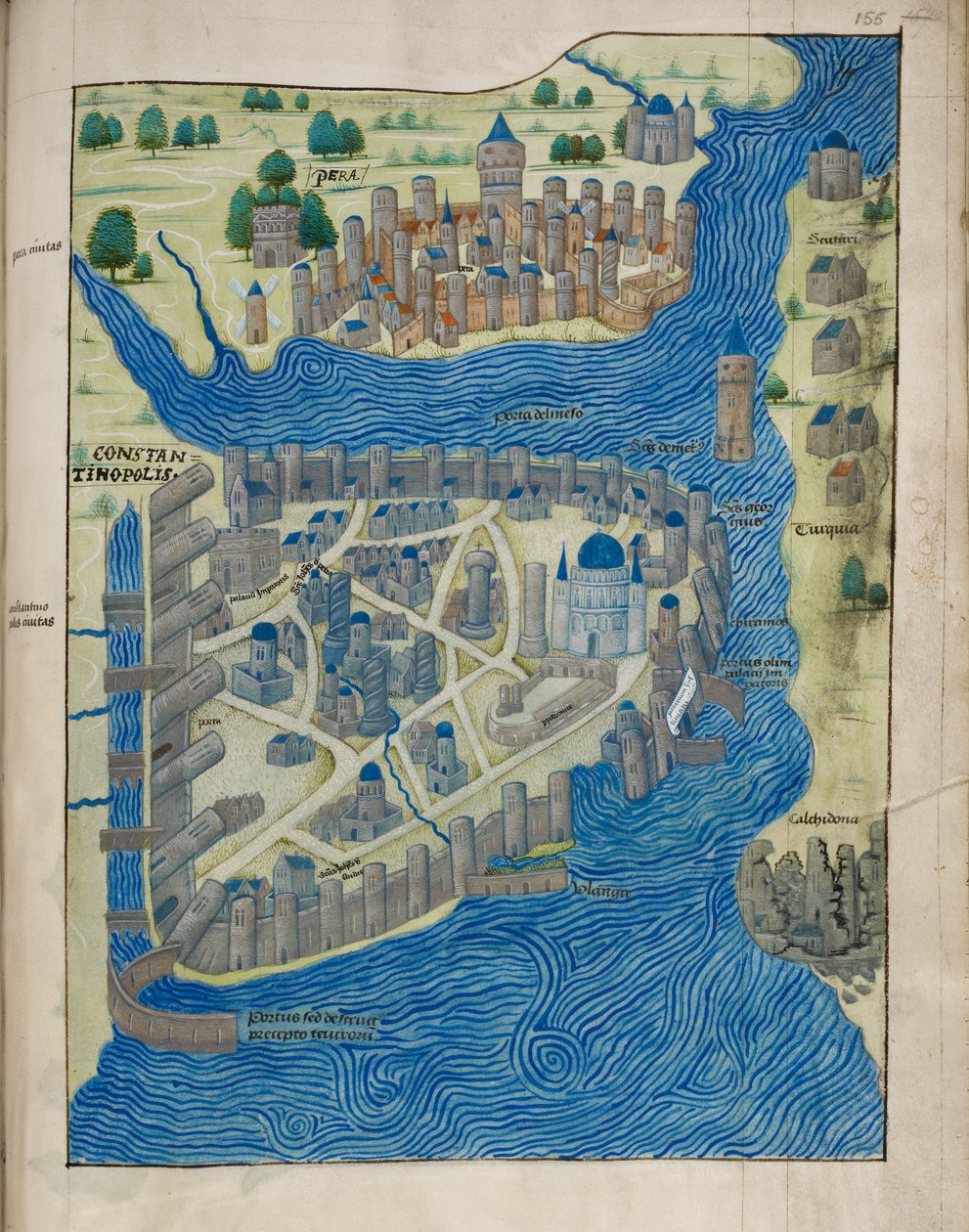 Arundel 93 fol.155 Kart over Konstantinopel og Pera, fra 