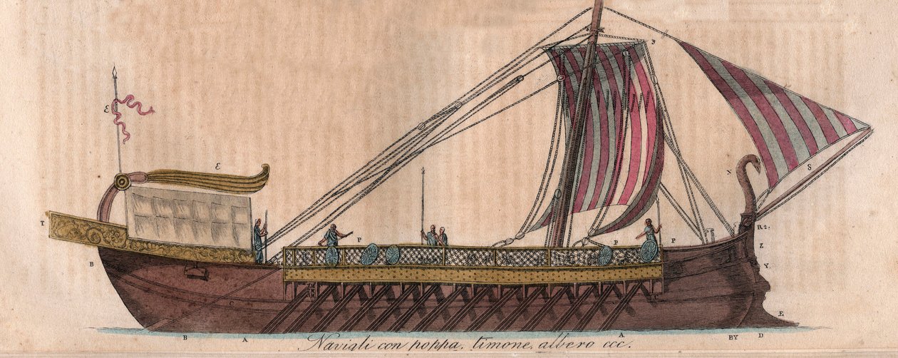 Athensk trirem, 4. århundre f.Kr. (acrostolium) - Triere ou trireme - gravering fra "" skikker og tradisjoner til alle folkeslag i universet. Det er historien om regjeringen, lovene, militsen, om religionen til alle nasjoner fra de fjerneste tider til av Italian School