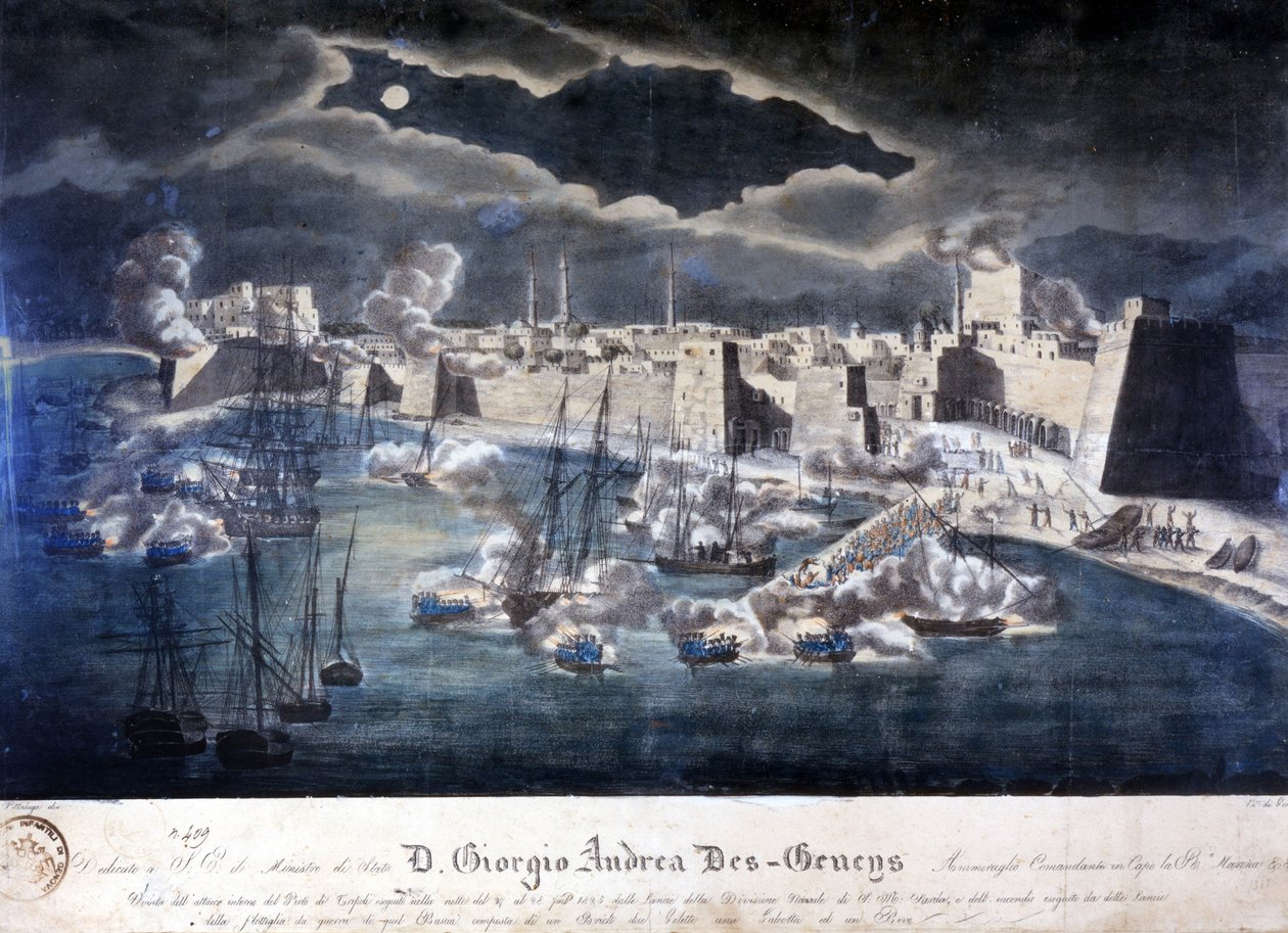 Angrep fra den sardinske marinen på havnen i Tripoli under operasjoner mot barbarisk piratkopiering i 1825. av Italian School