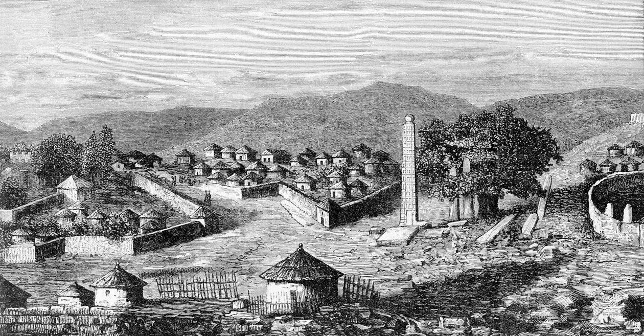Axoum (Aksoum), den religiøse hovedstaden i Etiopia, rundt 1850. Fra en tegning av oppdagelsesreisende Gustavo Bianchi. av Italian School