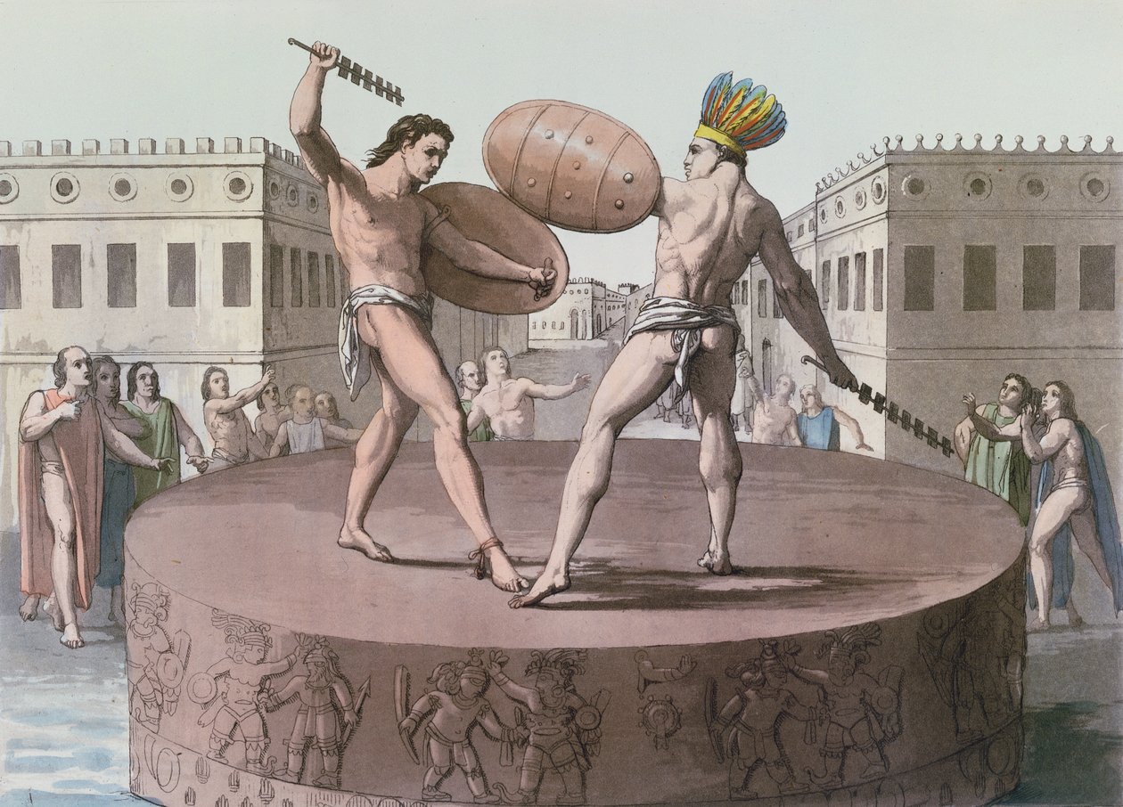 Aztekiske krigere i kamp på en Cuauhxicalli, ca. 1820 av Italian School