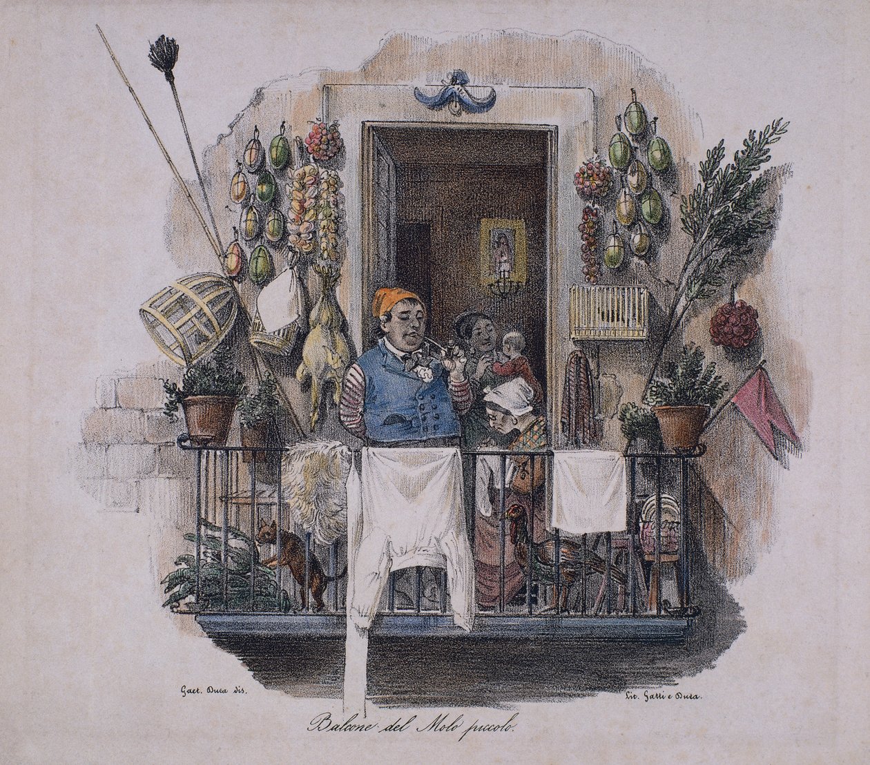 Balkong ved den lille bryggen i Napoli, Italia, 1800-tallet (litografi) av Italian School