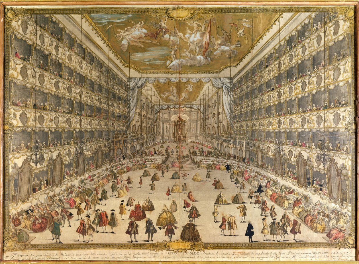 Ball til ære for fødselen til erkehertug Pietro Leopoldo av Østerrike, ved Ducal Theatre of Milano 28. mai 1747 (fargegravering) av Italian School