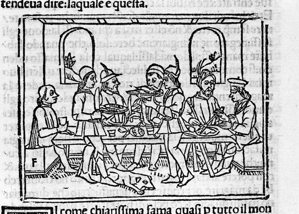 Bankettscene i nærvær av medlemmer av den florentinske adelen. Illustrasjon for «Decameron»» av Giovanni Boccaccio dit Jean Boccace (1313-1375), italiensk forfatter. Gravering i "" Decamerone ouer Cento nouelle"" Venezia, Bartolomeo de 