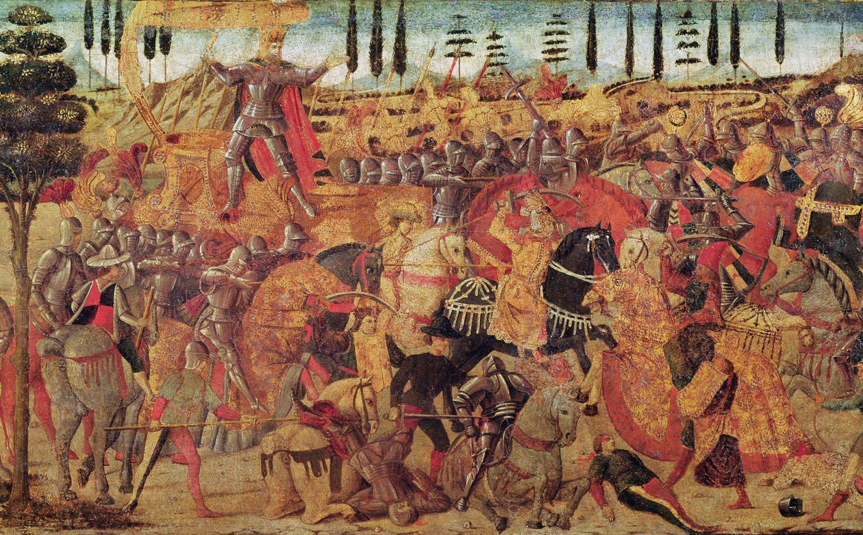 Kamp mellom Darius (399-330 f.Kr.) og Alexander den store (356-323 f.Kr.) (olje på panel) av Italian School