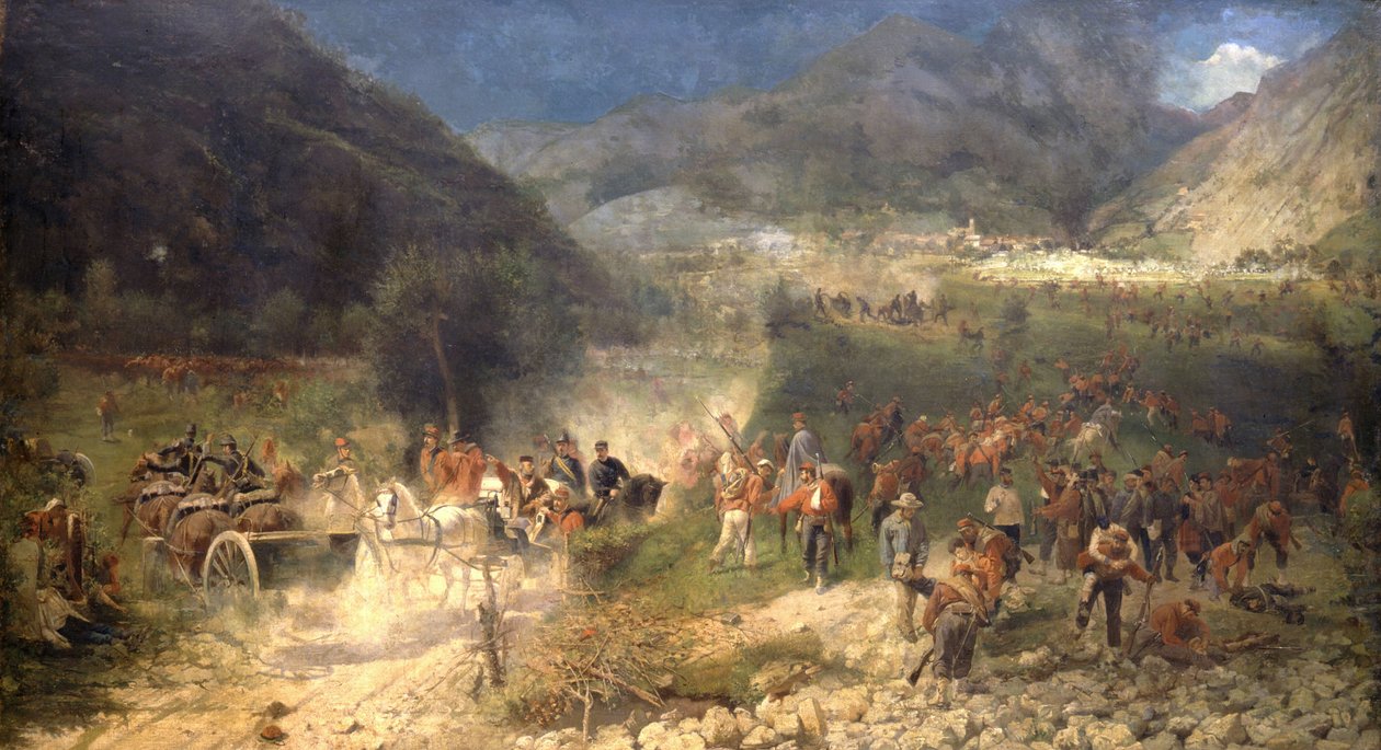 Slaget ved Bezzecca: Giuseppe Garibaldis frivillige kjemper mot østerrikerne 21.07.1866. Museum for Risorgimento. Milan. av Italian School