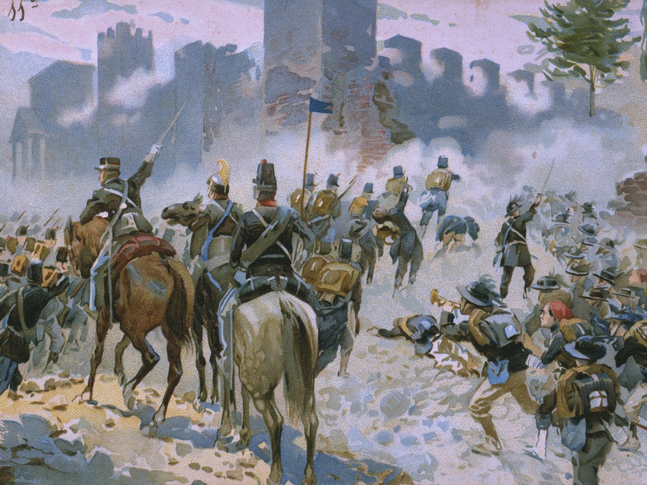 Slaget ved Solferino og San Martino, 24. juni 1859, illustrasjon fra et album om Risorgimentos historie laget for sjokoladen Talmone, sent på 1800-tallet av Italian School