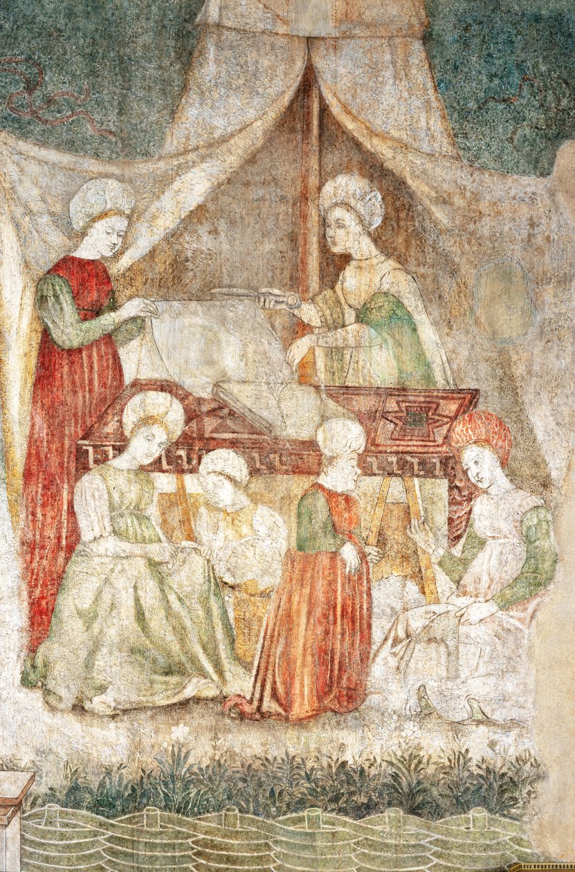 Bicocca degli Arcimboldi: fresko fra 1400-tallet, detalj av skjæring av stoffer og en dverg (fresco) av Italian School