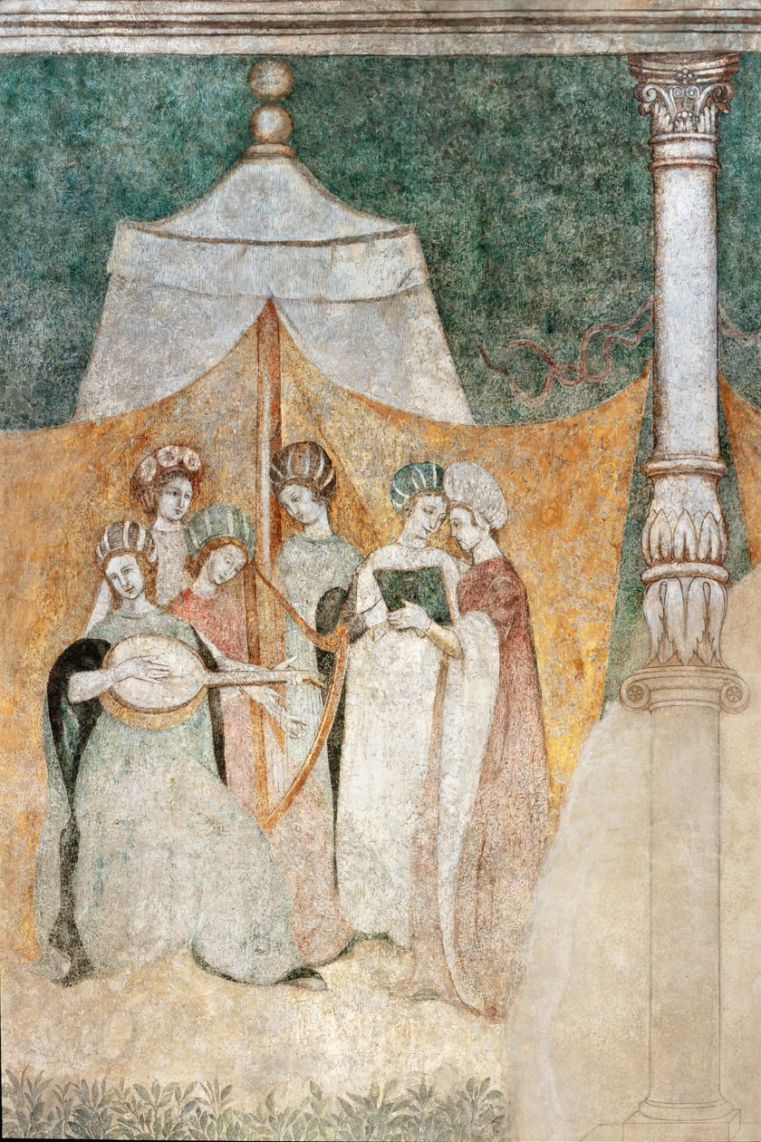 Bicocca degli Arcimboldi: freskomaleri fra 1400-tallet, detalj av kvinner som spiller musikk (fresko) av Italian School
