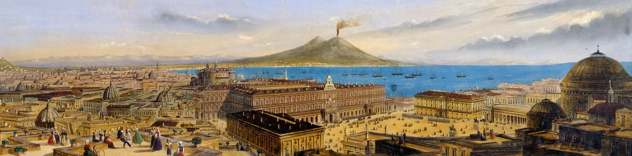 Fugleperspektiv av det kongelige palasset og Piazza Plebiscito i Napoli, Italia av Italian School