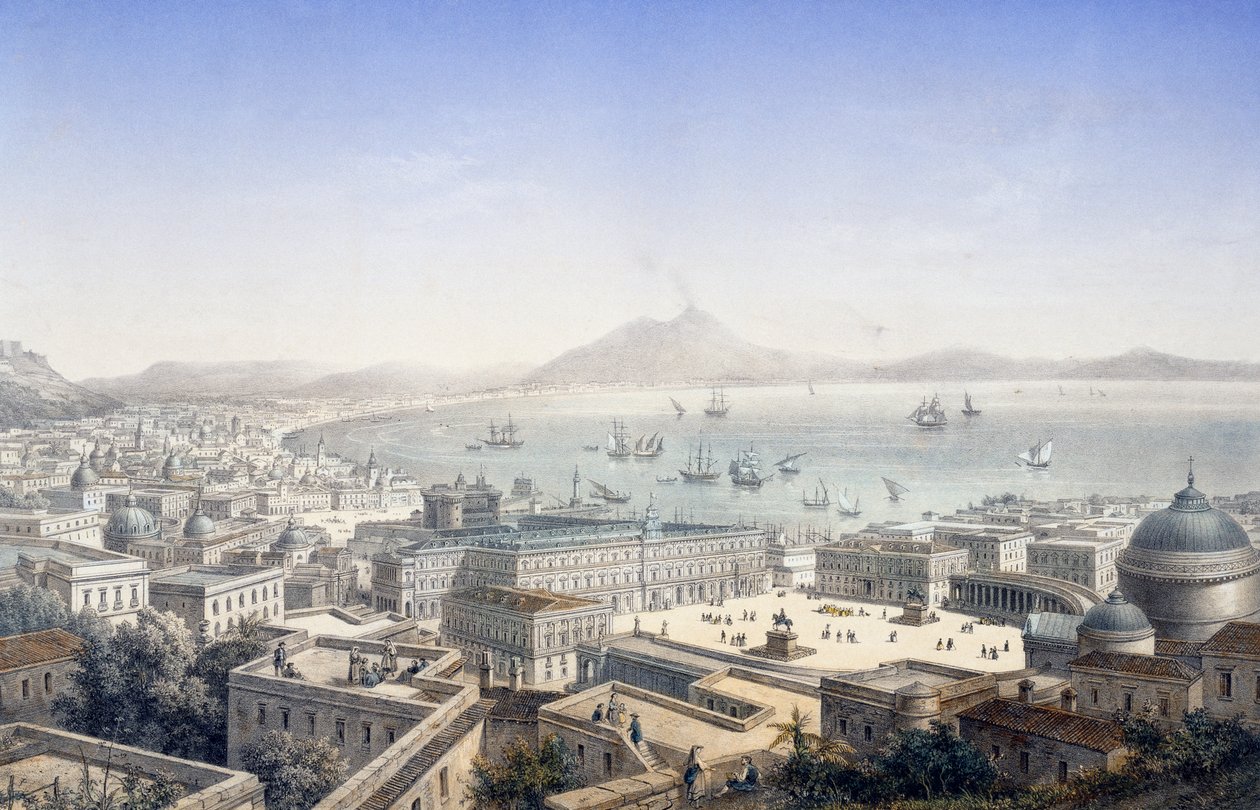 Fugleperspektiv av det kongelige palasset og Piazza Plebiscito i Napoli, Italia av Italian School