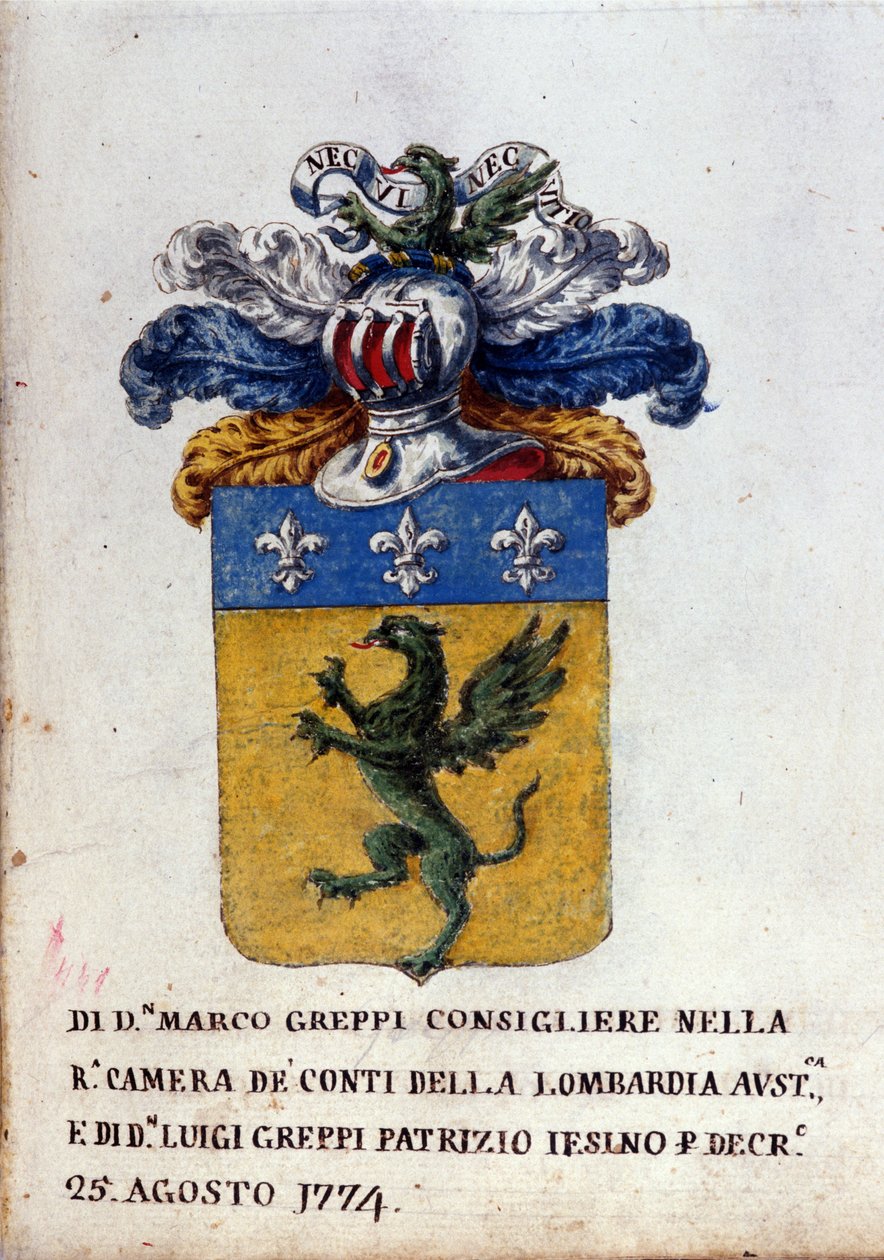 Våpenskjold fra Greppi-familien i Milano, rustningshjelm, fleur-de-lis og drage. Milanos statsarkiv fra 1700-tallet av Italian School