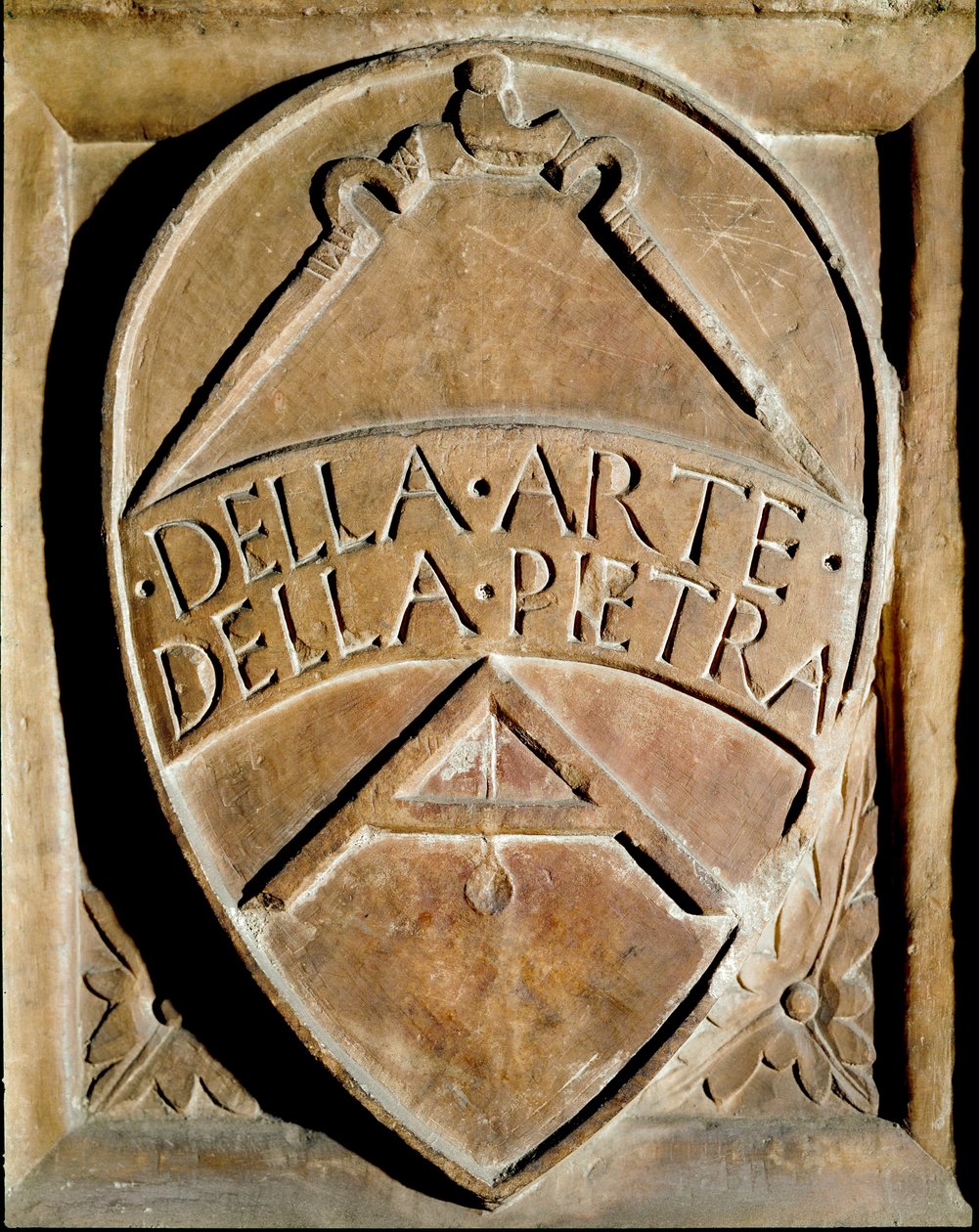 Blazon av menigheten av steinarbeidere. En kompas og en firkant er representert. Siena fra 1300-tallet, Biblioteca degli Intronati av Italian School