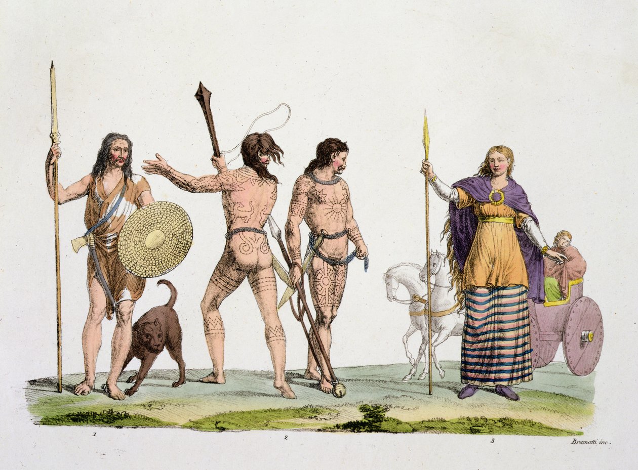 Briter, kaledonere og dronning Boadicea, plate 4 fra The History of the Nations (akvatint) av Italian School