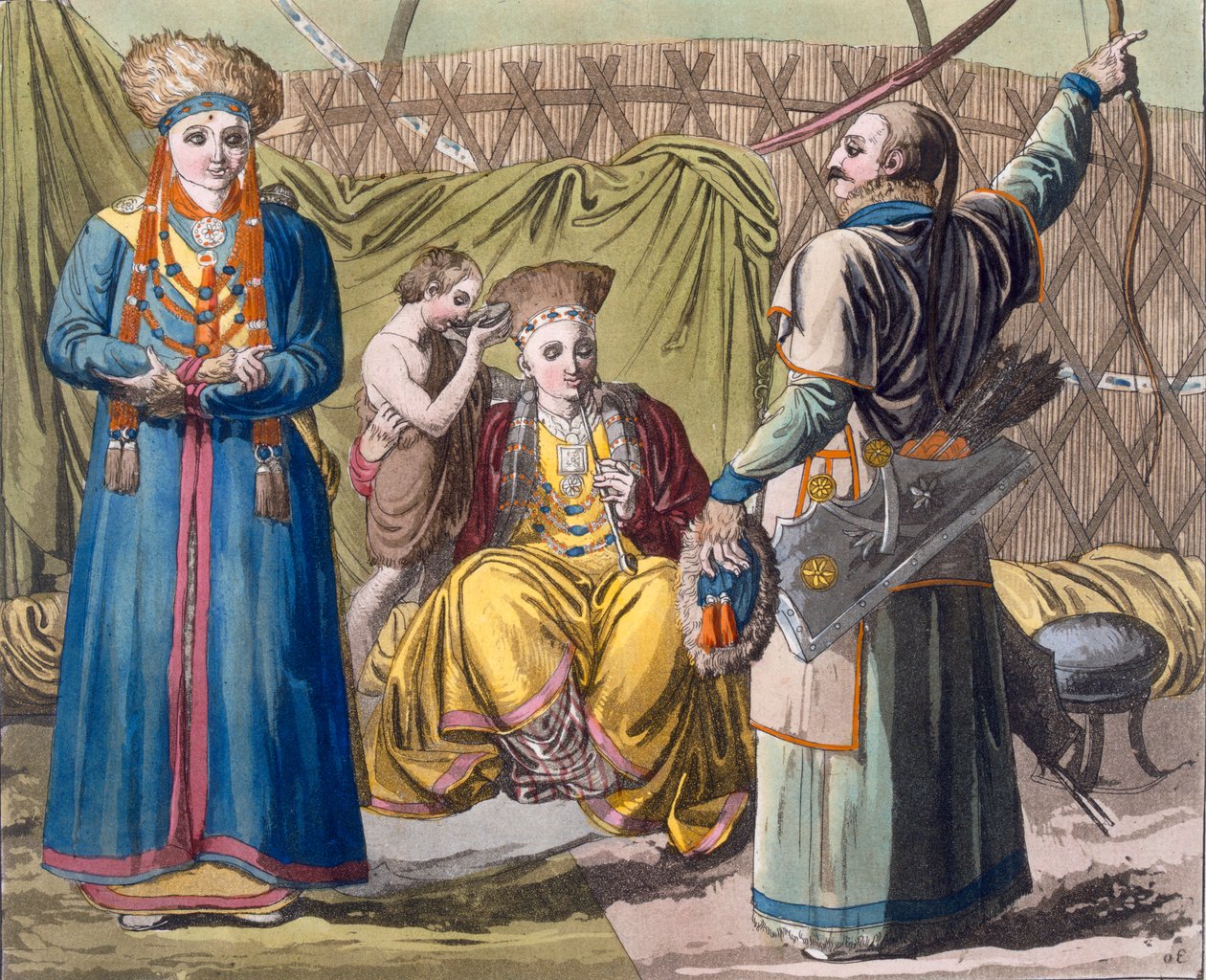 Buryat-familie i et interiør, fra Costume dei... av Giulio Ferrario, ca. 1820-30-tallet (håndfarget litho) av Italian School