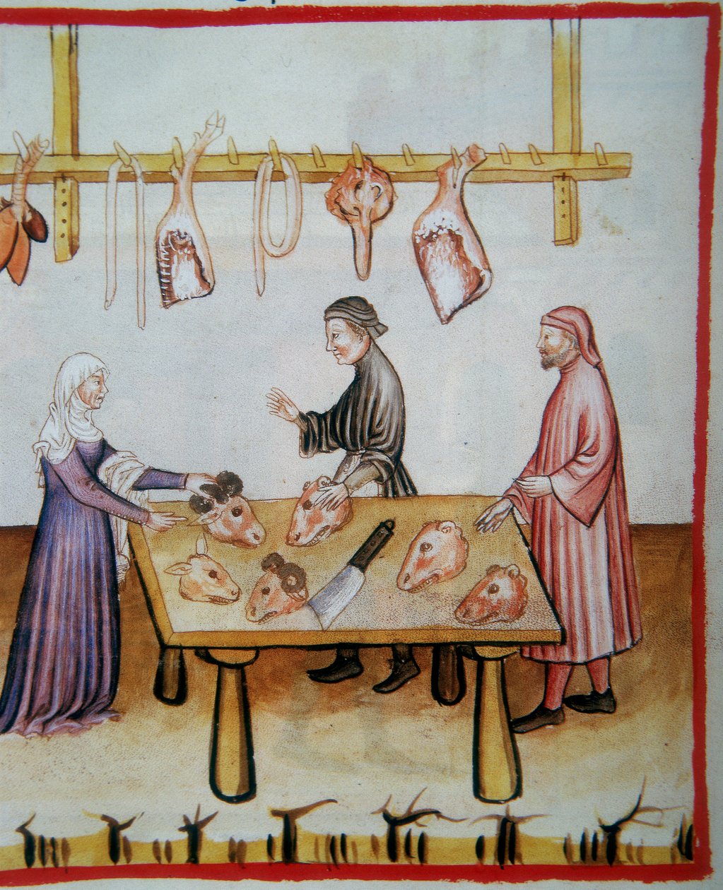 Slakting av dyrehoder. Belysning fra Codex Vindobonensis Series Nova 2644 (fol.76v), Tacuinum Sanitatis av Italian School