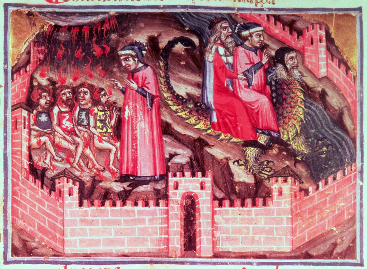Canto XVII Fire Sodomites: Dante og Virgil rir på ryggen av Geryon inn i Circle of the Fraudulents, fra den guddommelige komedie (infernoet), ca. 1313 av Italian School