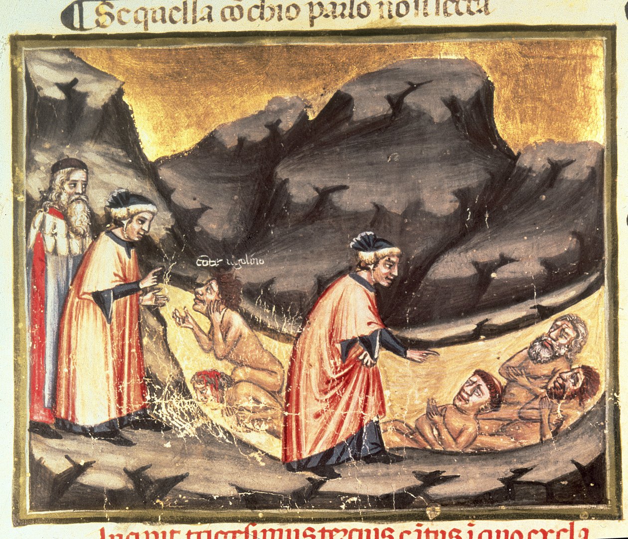 Canto XXXIII Dante og Virgil møter Ugolino i Circle of the Treacherous, fra den guddommelige komedie (infernoet), ca. 1313 av Italian School