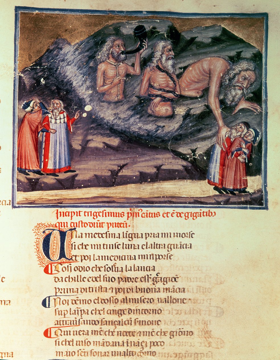 Canto XXXI Dante og Virgil og de tre kjempene i den tapte sirkelen, fra den guddommelige komedie (infernoet), ca. 1313 av Italian School