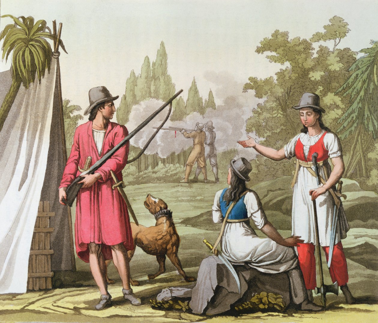 Kaptein John Rackham (d.1720) Anne Bonney (d.1720) og Mary Read (d.1720) på Antillene, ca. 1820 av Italian School