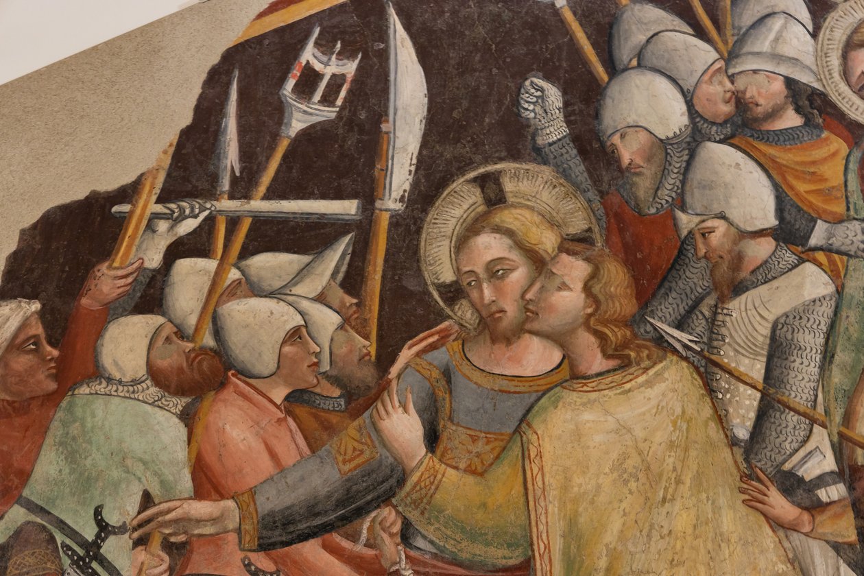 Capture of Christ, av Mester av den høyre apsis til St Francis i Montefalco, frittstående freskomaleri, slutten av XIV århundre av Italian School