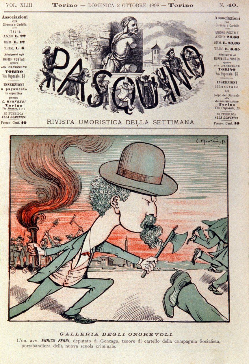 Tegneserieportrett av Enrico Ferri (1856-1929) italiensk kriminolog og politikeraktivist i det italienske sosialistpartiet. Tegneserie i "" Pasquino"" 2. oktober av Italian School