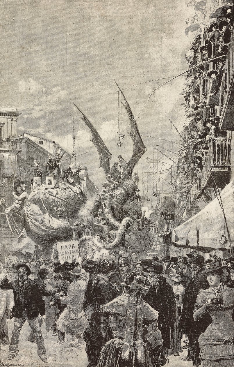 Vogner som paraderer under karnevalets siste dag, Napoli, Italia, gravering fra tegning av Matania, fra L'Illustration Italiana, nr. 10, 9. mars av Italian School