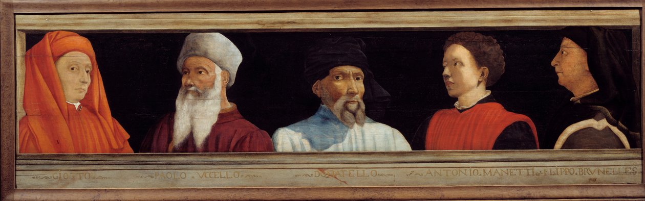 Cassone med 5 portretter av Mesteren av den florentinske renessansen (fra venstre til høyre Giotto di Bondone, Paolo Uccello, Niccolo Donatello, Antonio Manetti, Filippo Brunelleschi). Italiensk skole på 1500-tallet. Innskriften nedenfor er sannsynligvis s av Italian School
