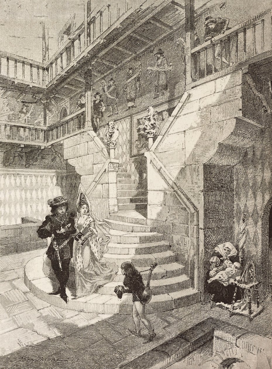 Slottsgård, middelalderlandsby i Torino, Italia, gravering av Bonamore fra L'Illustration Italiana, nr. 18, 4. mai av Italian School