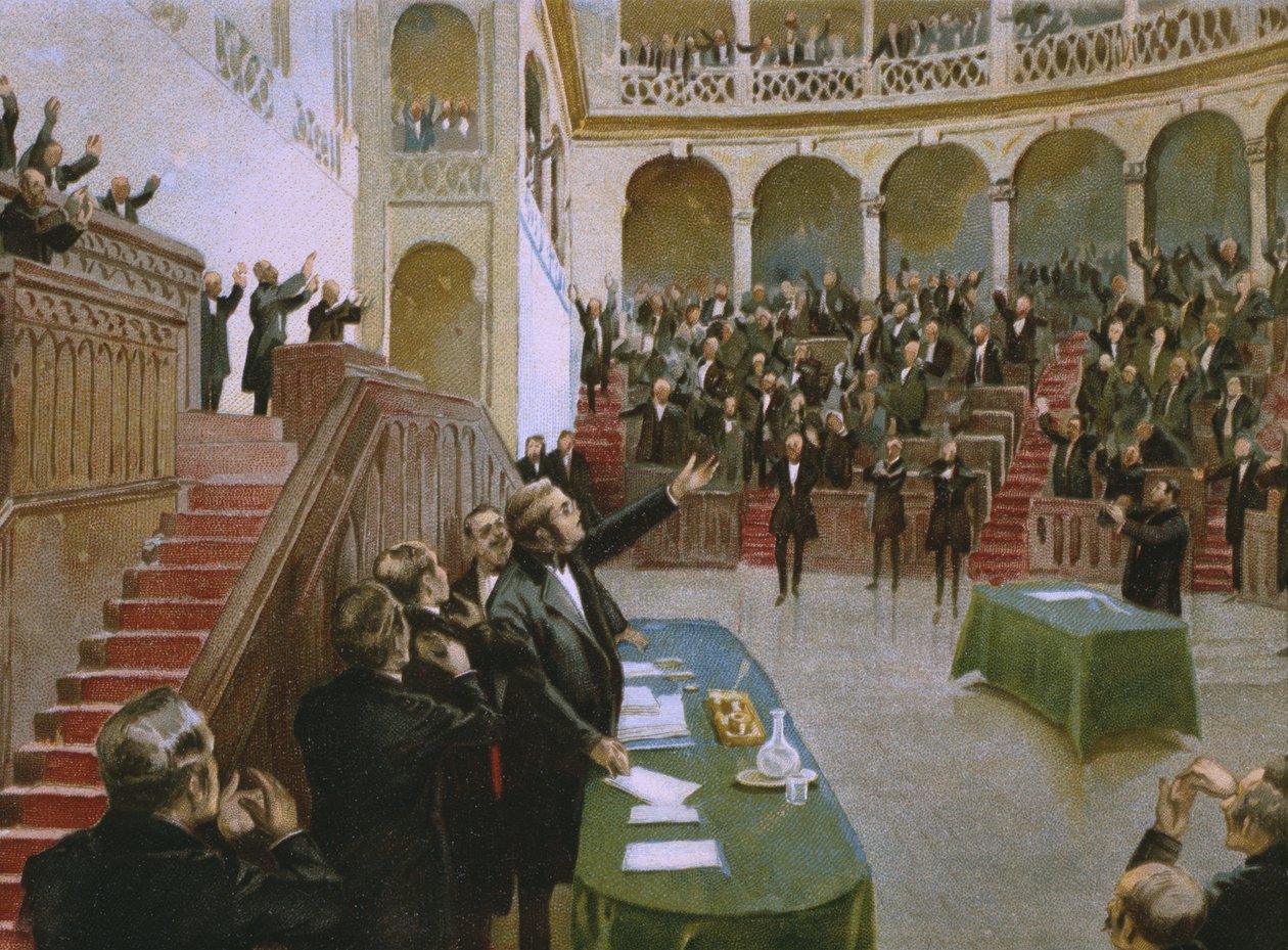 Cavour får det første italienske nasjonale parlamentet til å applaudere kong Victor Emmanuel II (1820-78) 18. februar 1861, illustrasjon fra et album om historien til Risorgimento laget for sjokoladen av Italian School