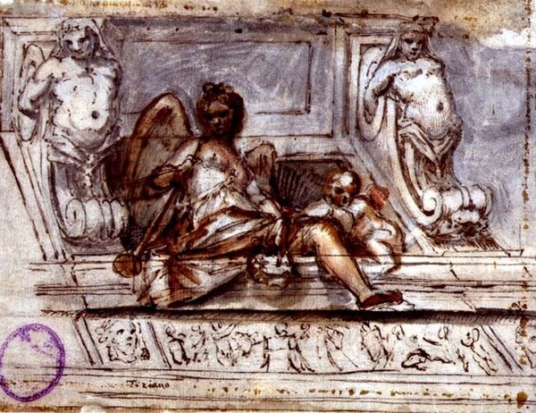 Takdesign med Muse of Music, ca. 1700 (penn og blekk med akvarell på papir) av Italian School