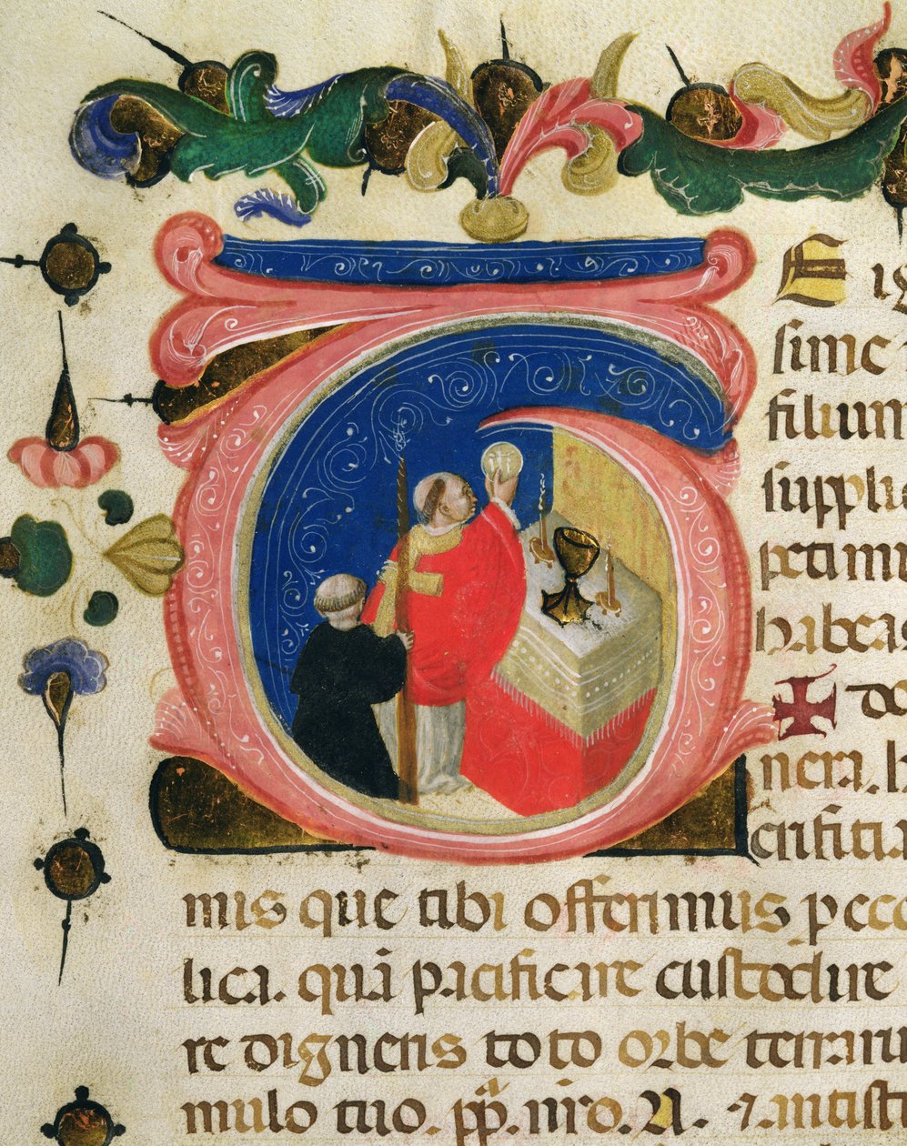 Feiring av eukaristien, fra en Mariegola fra lekmannslauget St. Hieronymus, ca. 1400 (blekk og bladgull på vellum) av Italian School