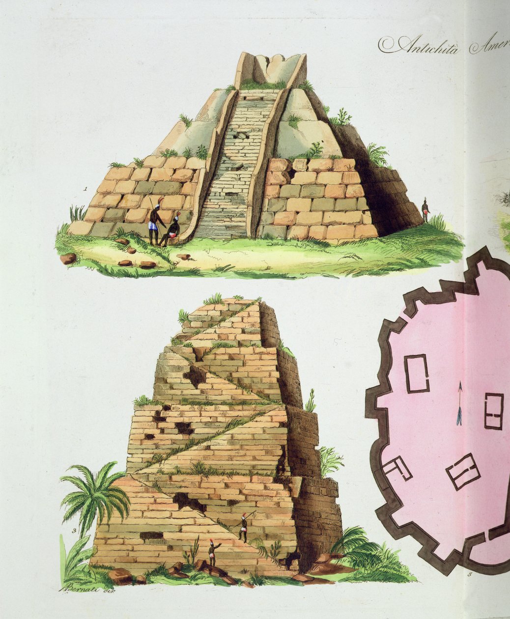 Central American Antiquities, detalj av to-trinns pyramider, plate 47 fra 