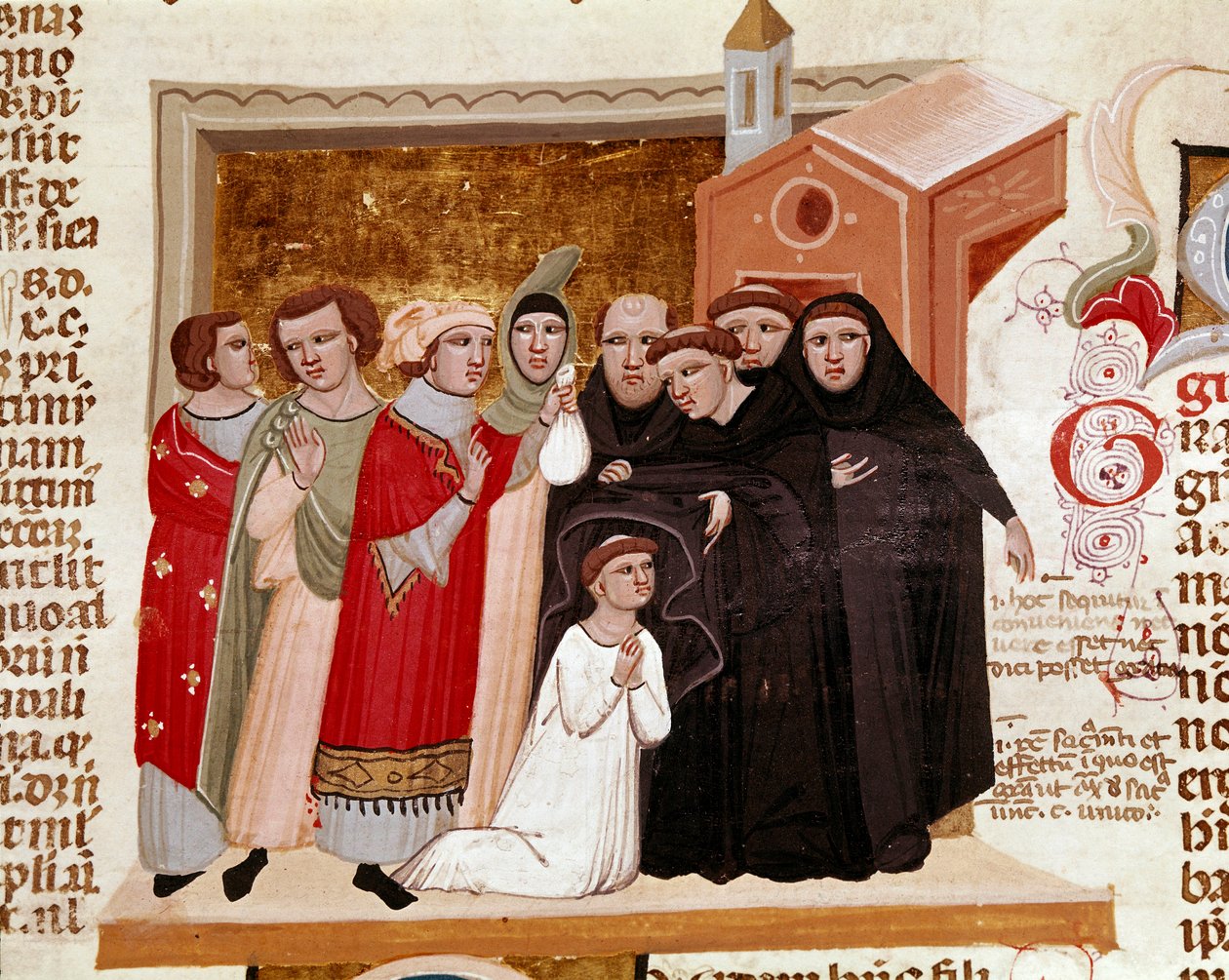 Seremoni med vanen til en miniatyrmunk fra "Decret de Gratien"" ("Concordia discordantium canonum" eller "Decretum Gratiani") fra 1140 og regulerer lovene og kanonene til den romersk-katolske kirke. Siena fra 1300-tallet, Biblioteca degli Intronati av Italian School
