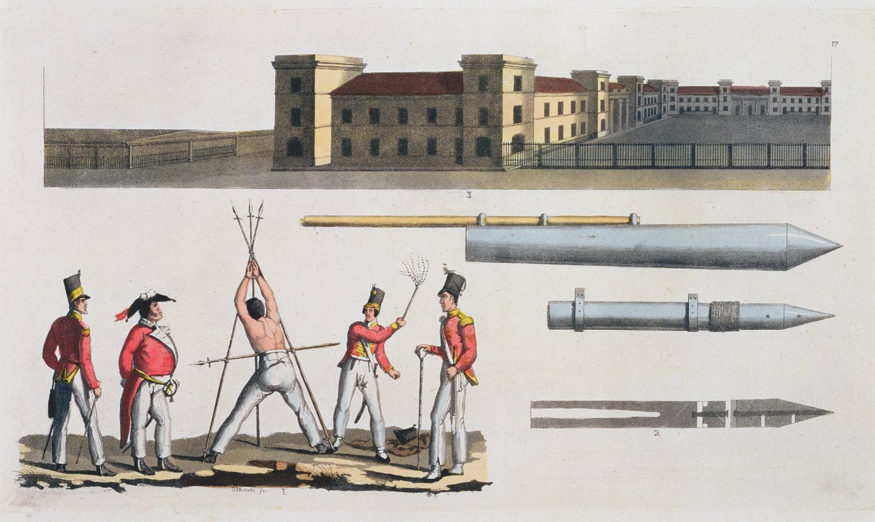 Chatham Barracks, en militær straff kalt Triangle and Congreve Rockets, plate 17 fra The History of the Nations (akvatint) av Italian School
