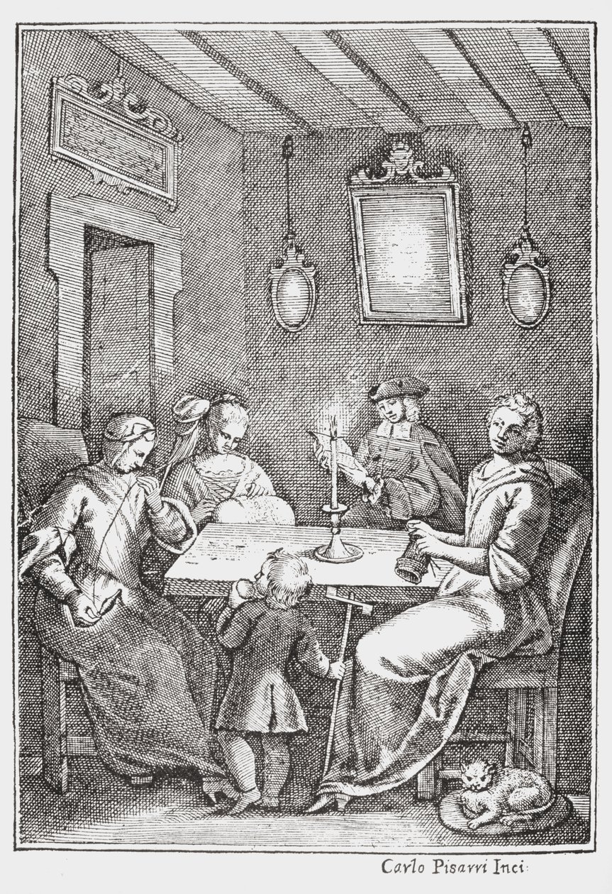 Chiaqlira leser historier til et syselskap, forsiden av The Pentamerone of Giambattista Basile, 1742 av Italian School