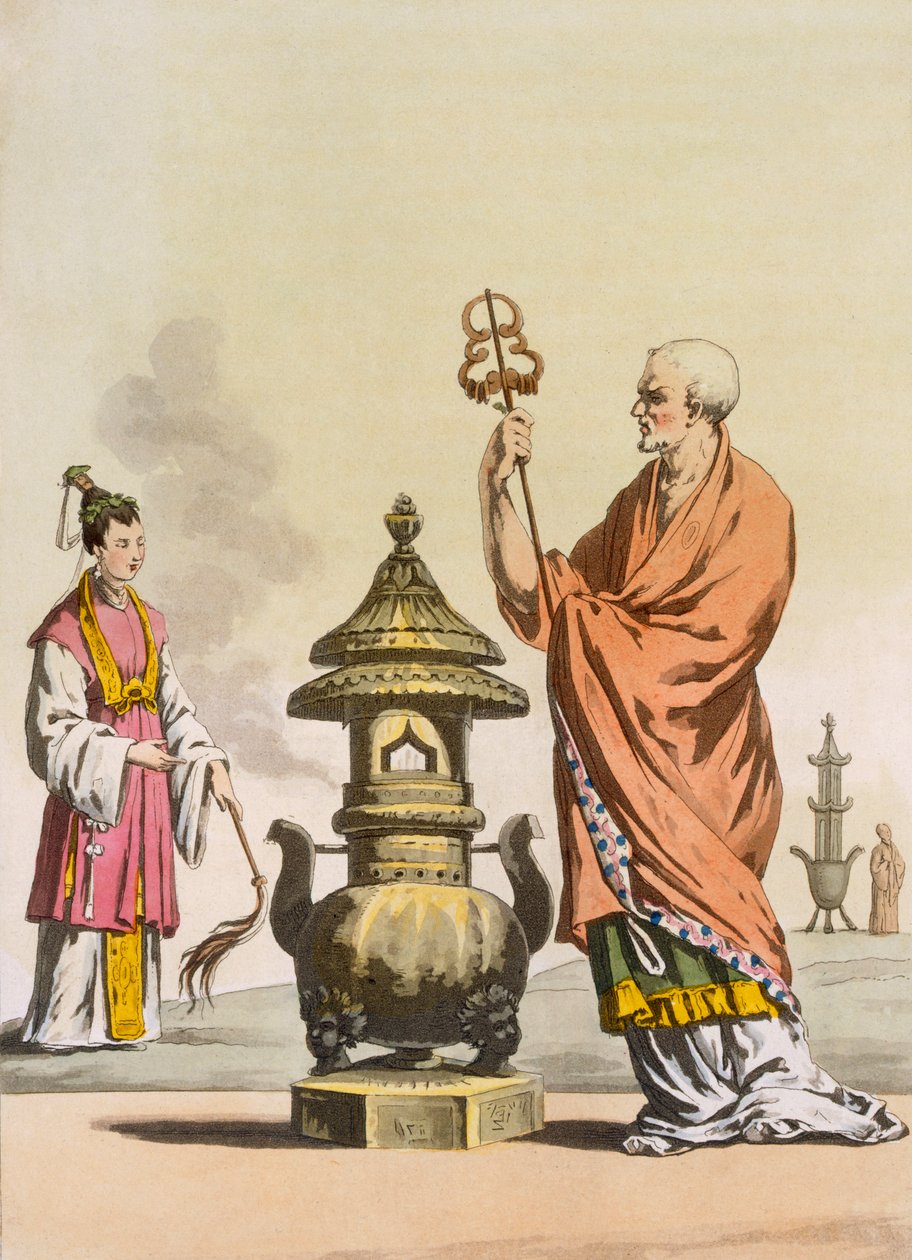Kinesiske taoistiske religiøse skikker: En bonzo i seremonielle klær, c1820-30. av Italian School