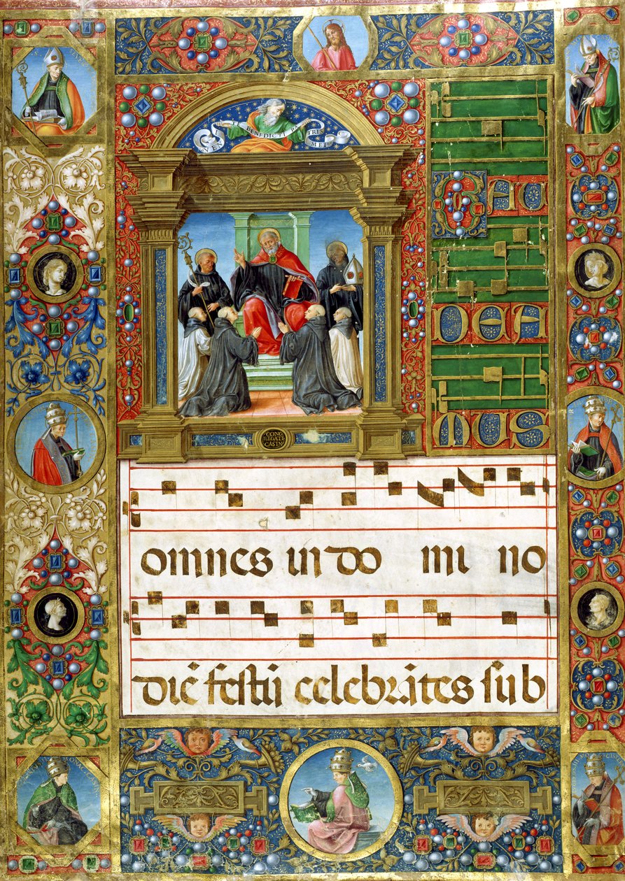 Korminiatyr med St. Benedikt som forkynner for munker (pigment på vellum) av Italian School