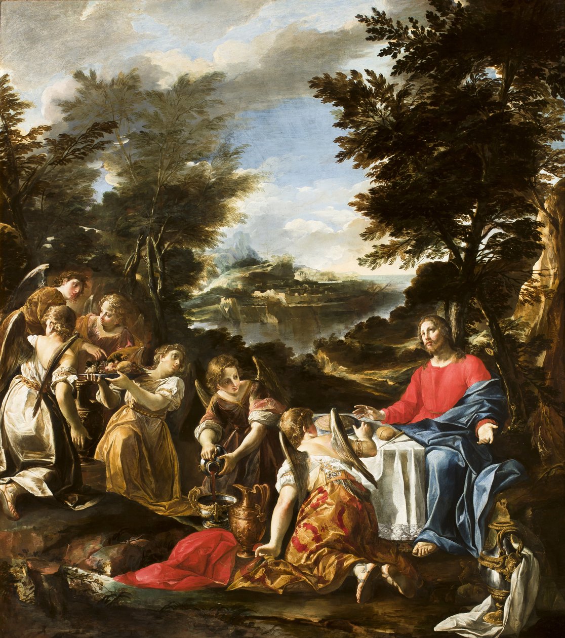 Kristus tjent av engler, ca. 1650-1700 av Italian School