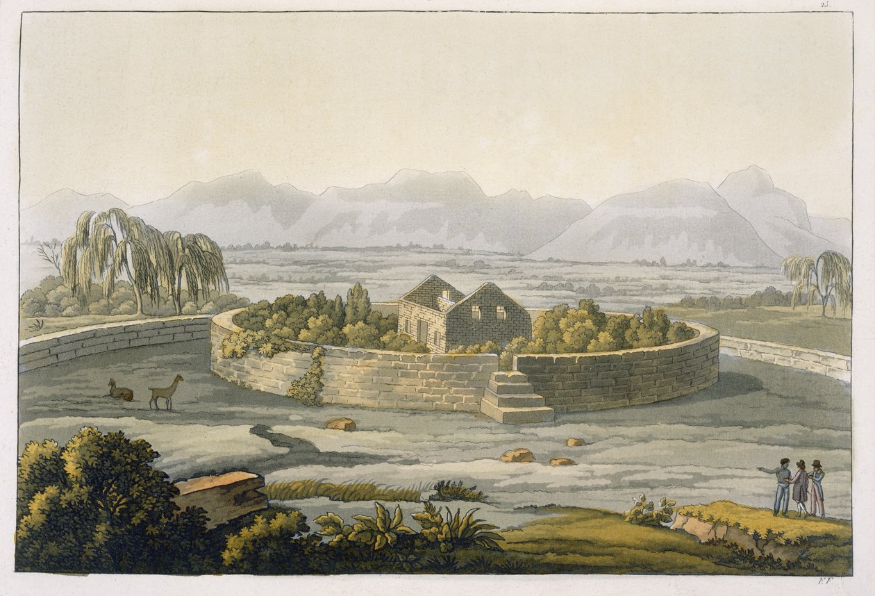 Sirkulær festning i Cannar, Peru, fra Le Costume Ancien et Moderne, bind II, plate 1, av Jules Ferrario, utgitt ca. 1820-30-tallet av Italian School