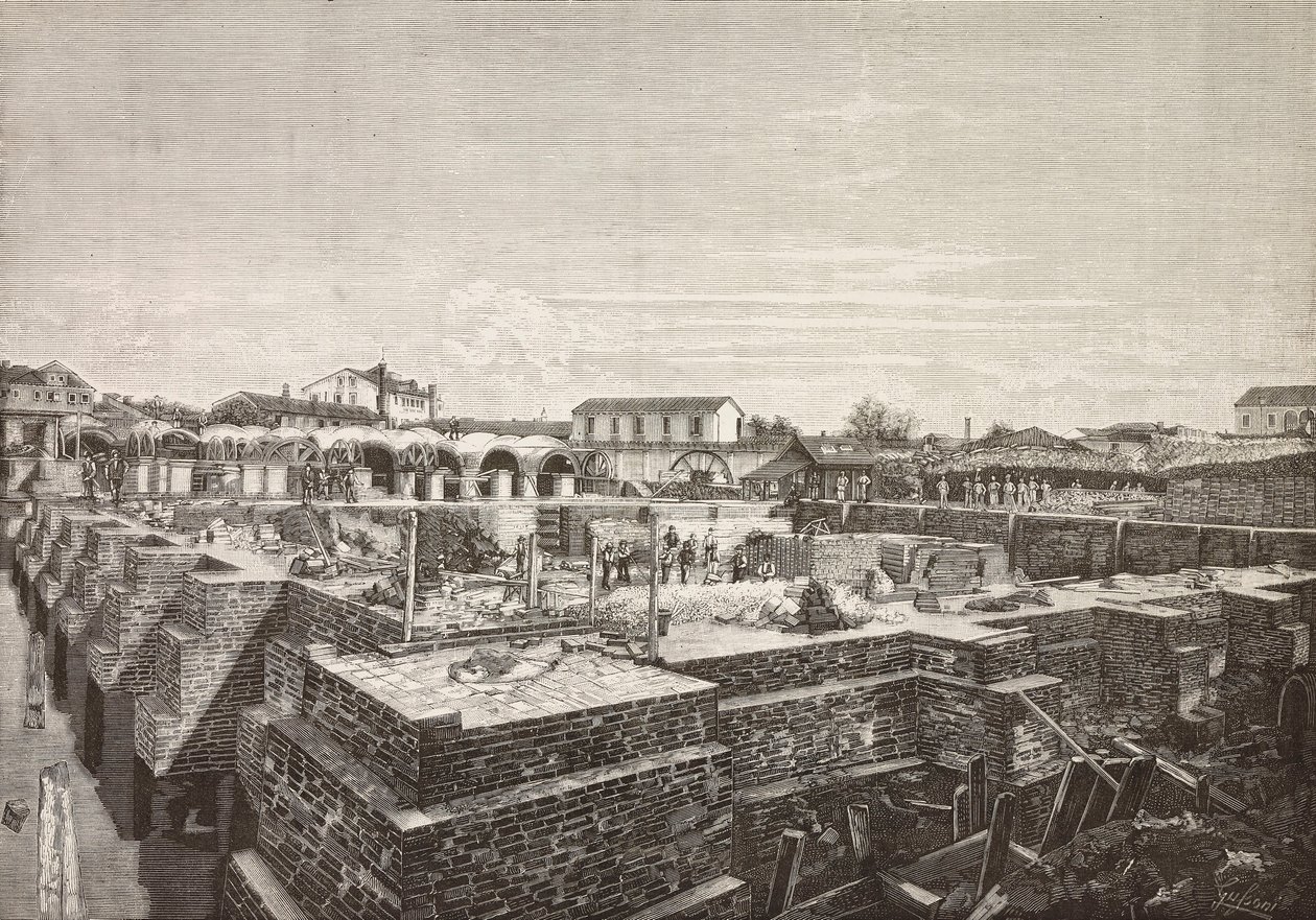 Sisterne til den nye akvedukten i Venezia, Italia, gravering fra tegning av Gussoni, fra L'Illustration Italiana, nr. 32, 10. august av Italian School