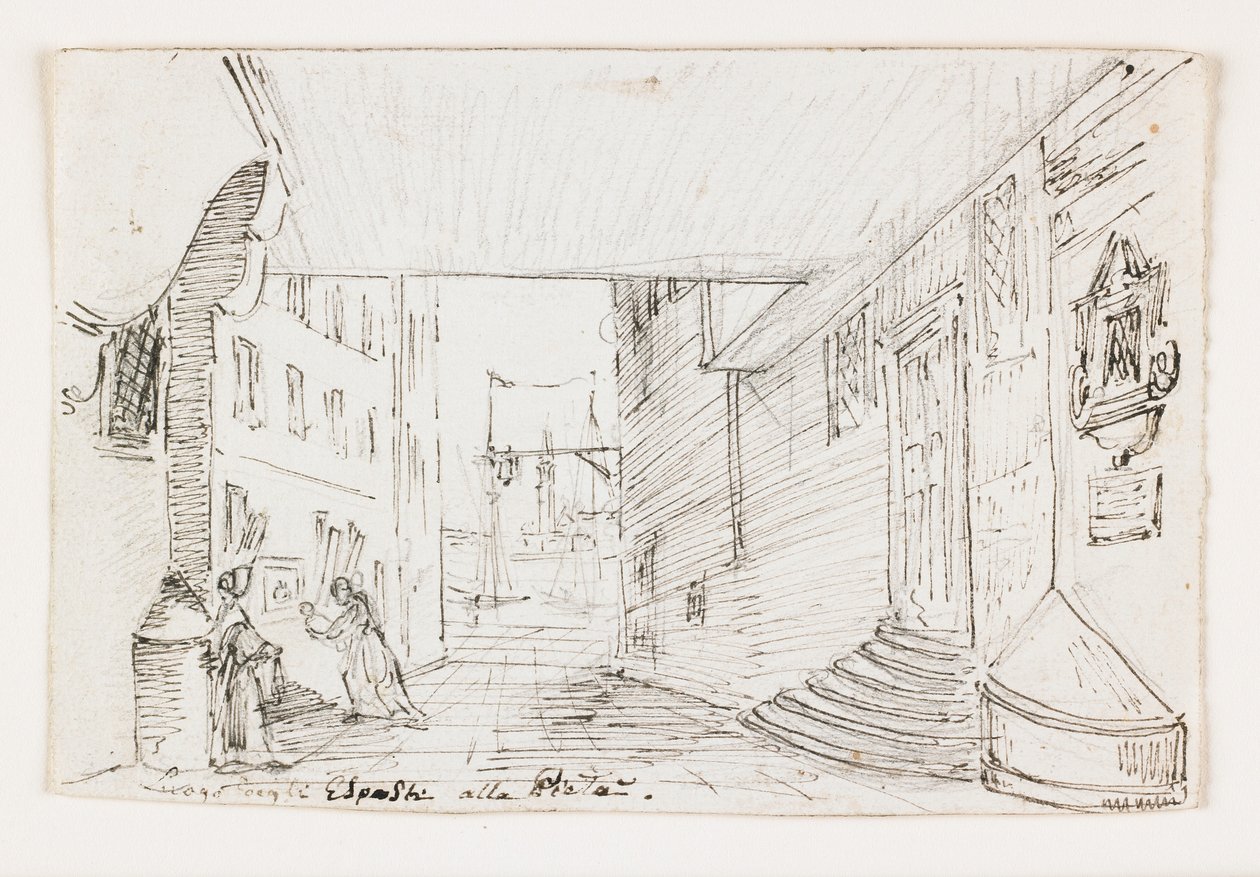City Street i Genova, med fyret og havnen i bakgrunnen, tidlig på 1800-tallet (penn og brunt blekk over svart kritt) av Italian School