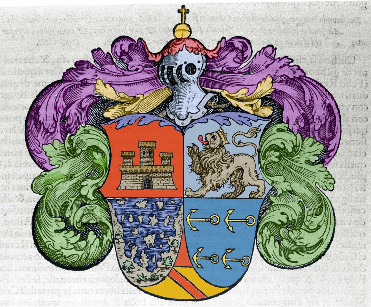 Våpenskjold til navigatøren Christopher Columbus (1451-1506): de fire delene av ecuen representerer øverst byen Castilla og León, under de avdekkede øyene og symbolankrene til admirauten. Gravering fra boken "" Navigationi og Viaggi"" av Italian School