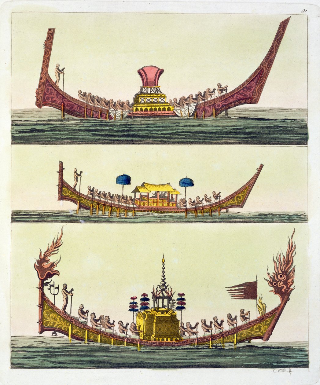 Cochin kinesiske skip, illustrasjon fra Le Costume Ancien et Moderne av Giulio Ferrario, publisert ca. 1820-30-tallet av Italian School