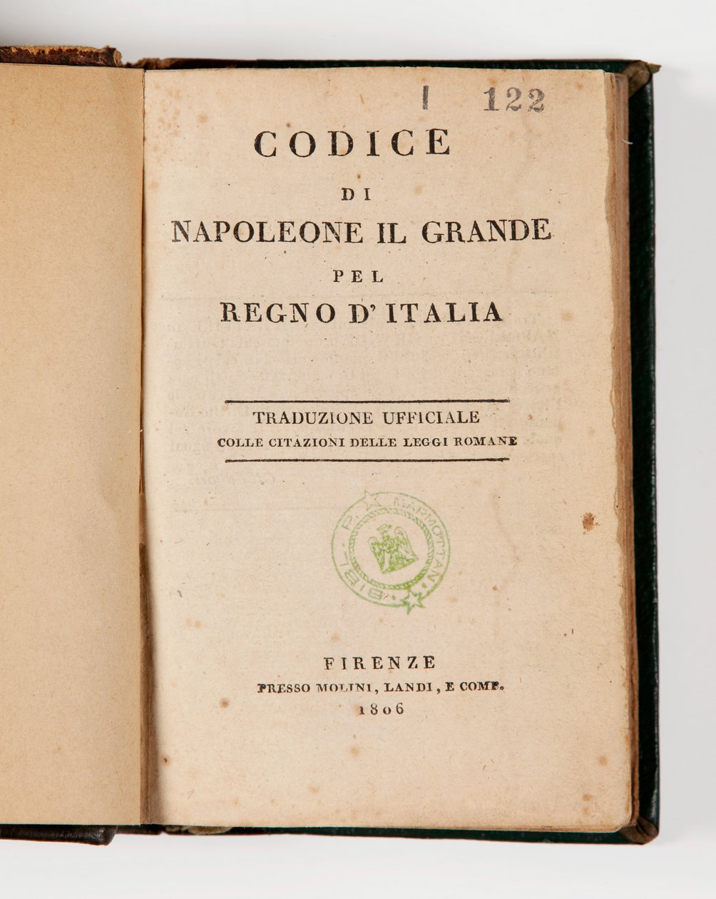 Kode for Napoleon den store for kongeriket Italia, åpen på tittelsiden, utgitt Firenze, Molini, Landi et Cie, 1806 (trykt papir) av Italian School